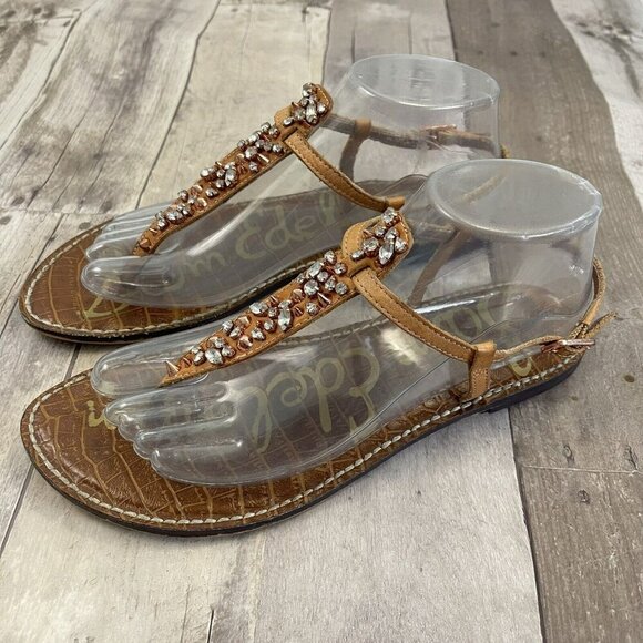 Sam Edelman Rhinestone Studded Gwyneth T Strap Thong Sandal Tan Flats Sz 8.5 - Picture 1 of 10